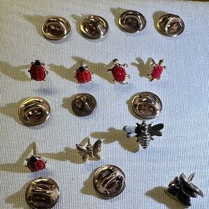 Elegant Silver and Red Insect Brooch Set